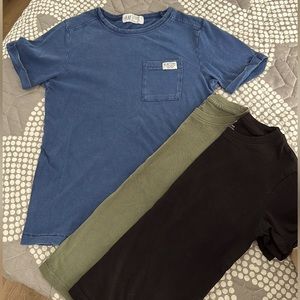 3 tshirts - blue distressed, military green, black - size 6